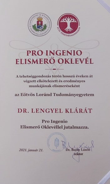 Az ELTE Pro Ingenio Elismerő Oklevelet adományozott Lengyel Klárának